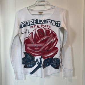 Lucky Brand Long Sleeve Waffle Shirt - White with Red Rose